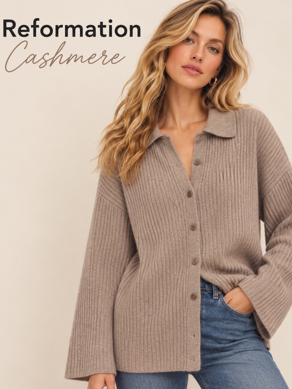 Reformation 100% Cashmere Ribbed Cardigan Sweater Oatmeal L